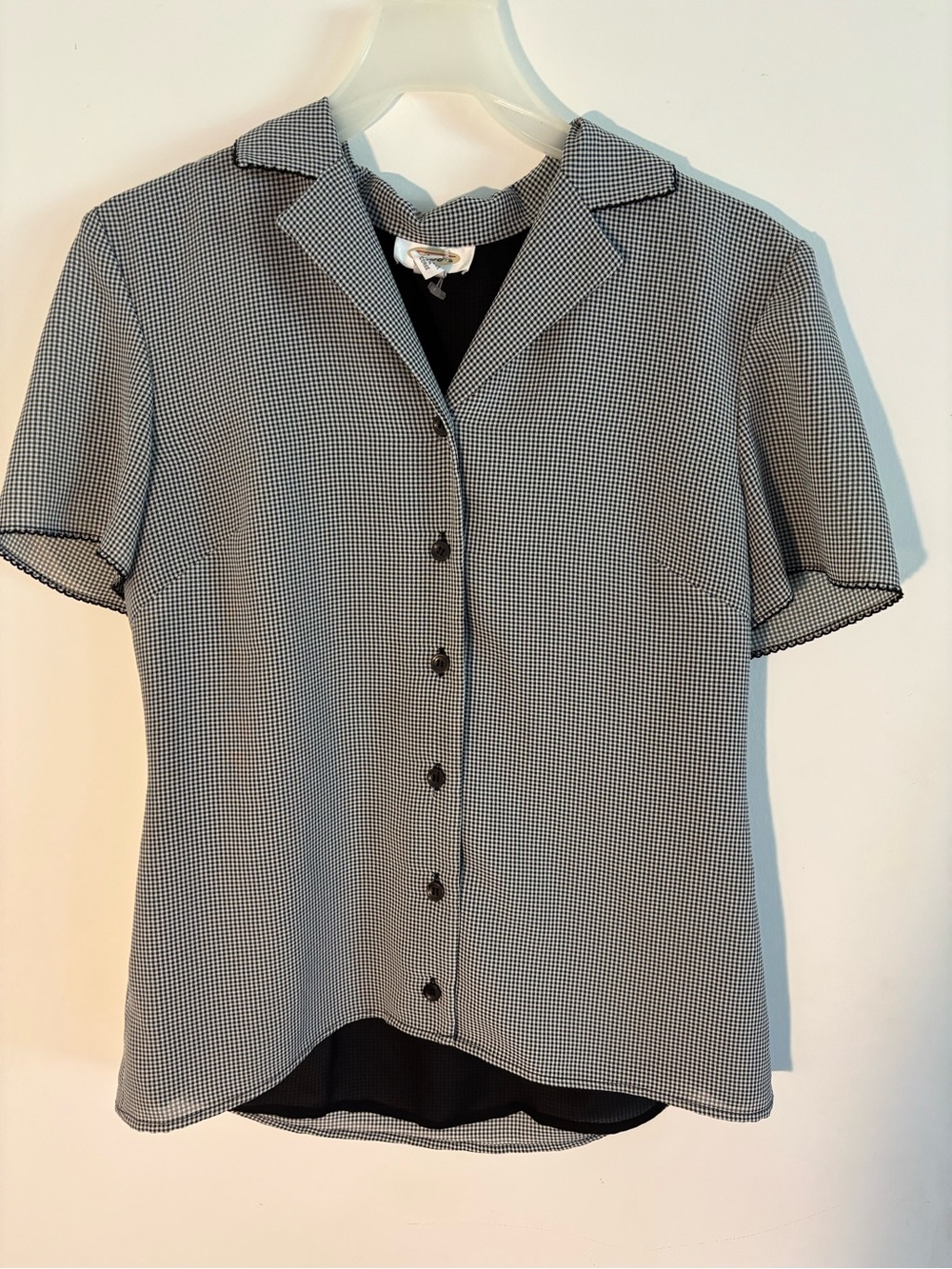 Talbots Size 8 Black White Gingham Button Front Blouse Short Sleeve Career Top
